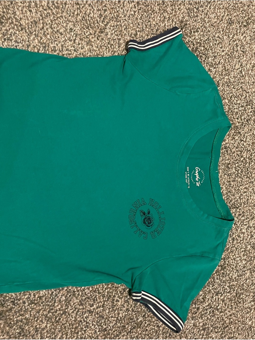 XS Hollister Green Graphic Tee with Striped Sleeve Trim